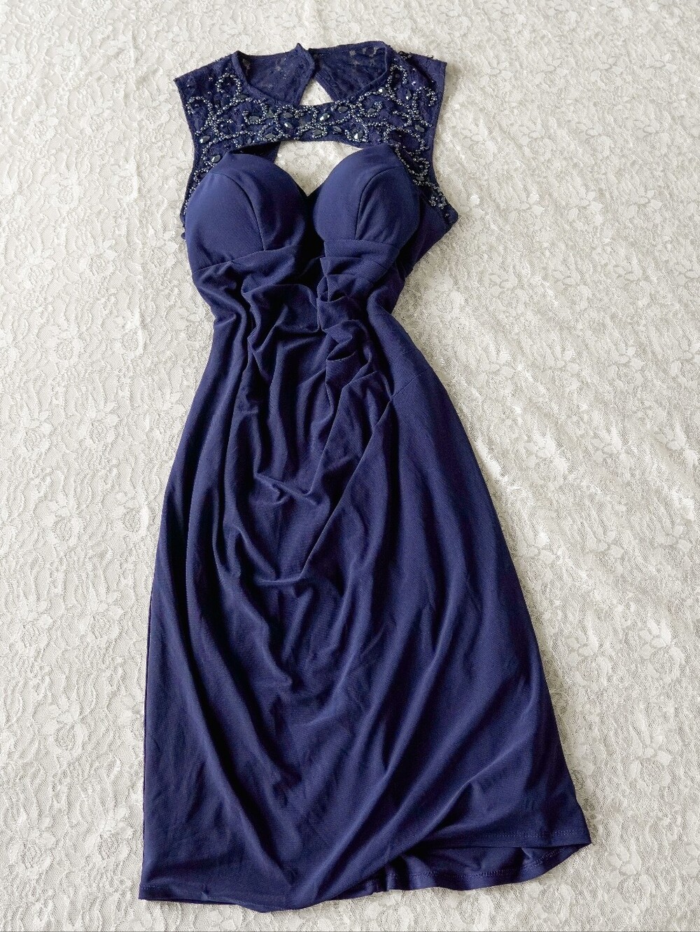 Cache Navy Blue Beaded Lace Cutout Formal Midi Dress Size 6